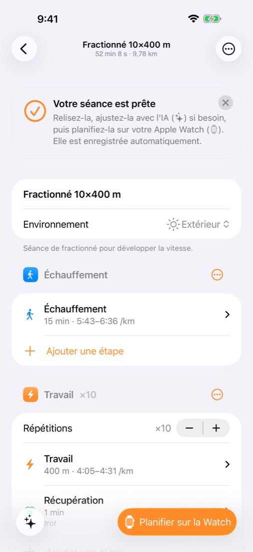 Détail d'une séance de fractionné 10 × 400 m dans EZ Run